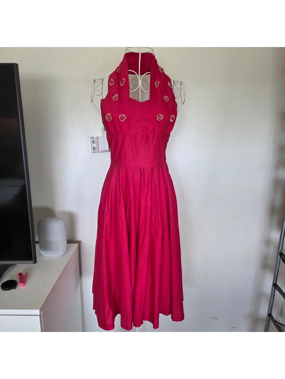 Vintage Red Halter Midi Dress with Embroidered Floral Details Size Small